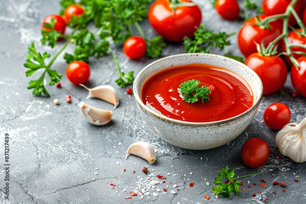Tasty ketchup tomatoes parsley garlic on grey table closeup Room for text Tasty ketchup tomatoes parsley garlic on grey table closeup Room for text