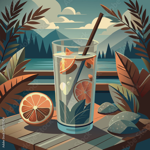 Retro illustration of a cocktail with a straw and ice in a tall glass on a wooden surface, orange slices, tropical plants and mountains