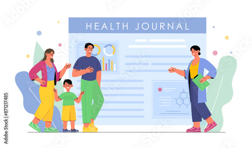 Health journal concept. Doctor consults family. Infographics and statistics about patients health. Diagnosis and treatment, medicine. Flat vector illustration