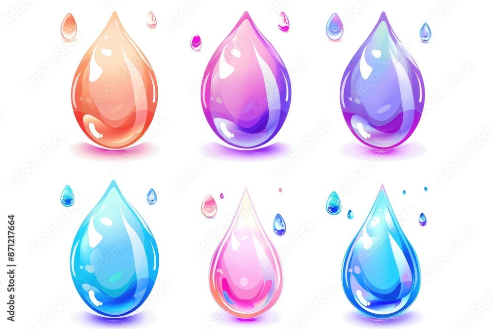 A set of four colorful water drops on a white surface A set of four colorful water drops on a white surface