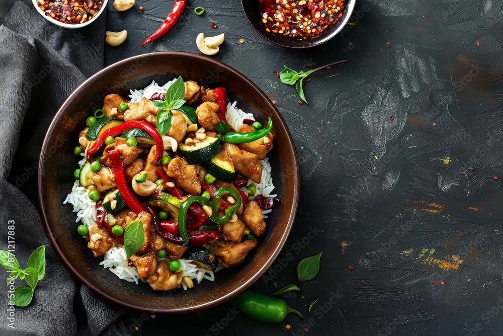 Spicy chicken stir fry with vegetables and rice Asian take out Spicy chicken stir fry with vegetables and rice Asian take out