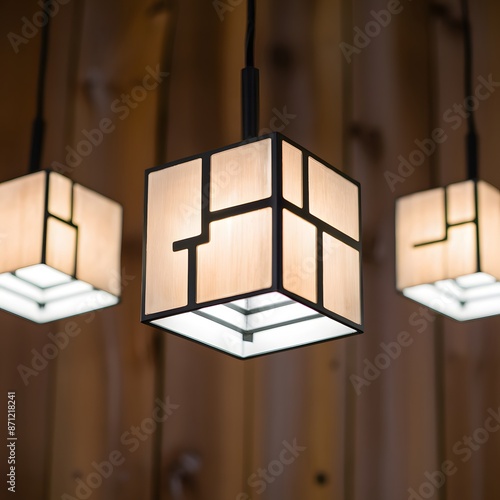 Three cube shaped light fixtures with central one illuminated, blurred wooden background For Social Media Post Size