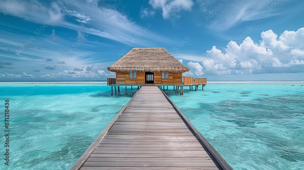 Beautiful overwater bungalow with wooden pathway surrounded by turquoise ocean under blue sky with white clouds. Perfect for tropical vacation or resort advertisement. AI Beautiful overwater bungalow with wooden pathway surrounded by turquoise ocean under blue sky with white clouds. Perfect for tropical vacation or resort advertisement. AI