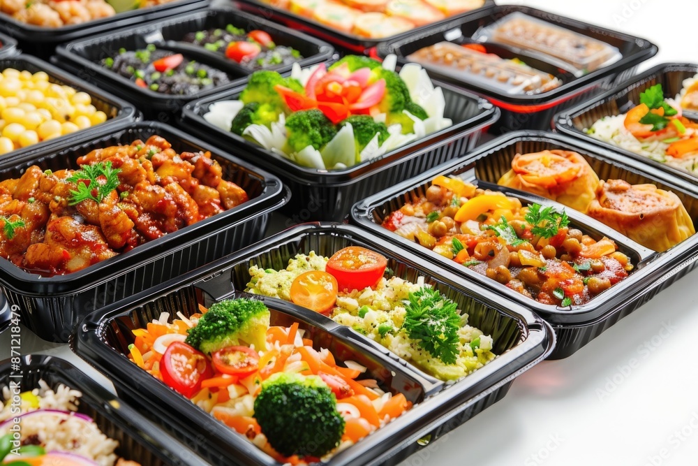 A collection of various food trays containing diverse dishes and snacks A collection of various food trays containing diverse dishes and snacks