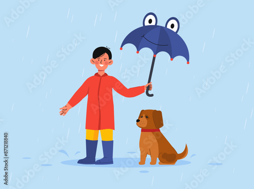 Boy help dog in rain. Schoolboy with umbrella saves pet from rain. Generosity and kindness. Love and care about homelessness and domestic animals. Flat vector illustration