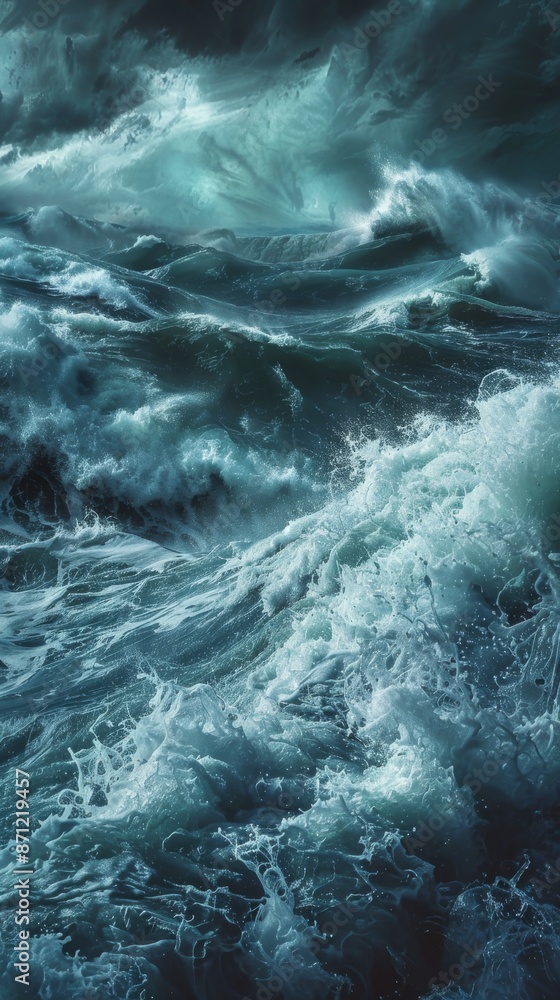 Fototapeta premium Fierce ocean waves under stormy sky, dramatic seascape