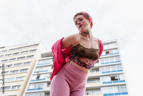 Pink Outfit Model Posing Outdoors photo