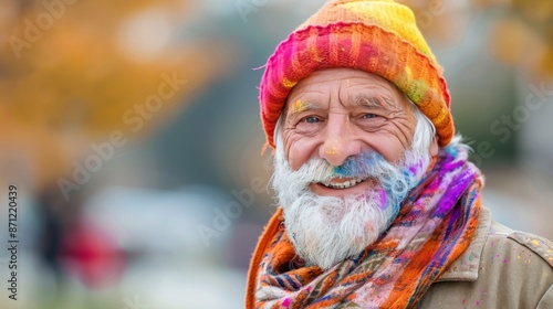 Elderly man joyfully celebrating holi festival with vibrant colors and cheerful smiles