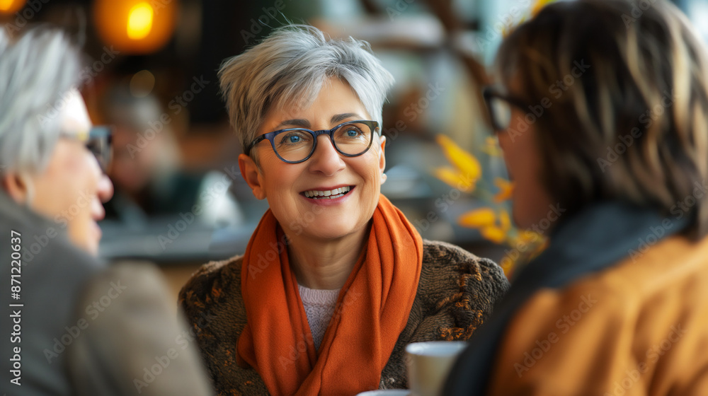 Portrait of older Caucasian woman enjoying coffee with friends at coffee shop, senior active lifestyle, copy space Portrait of older Caucasian woman enjoying coffee with friends at coffee shop, senior active lifestyle, copy space