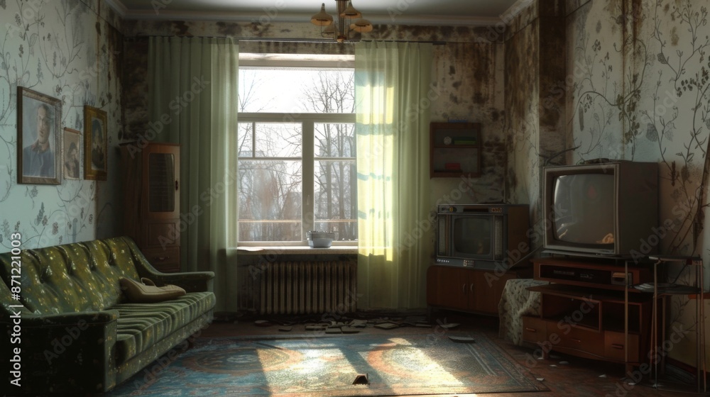 Fototapeta premium Interior of typical soviet style apartment. Old Soviet Russian living room poor interior