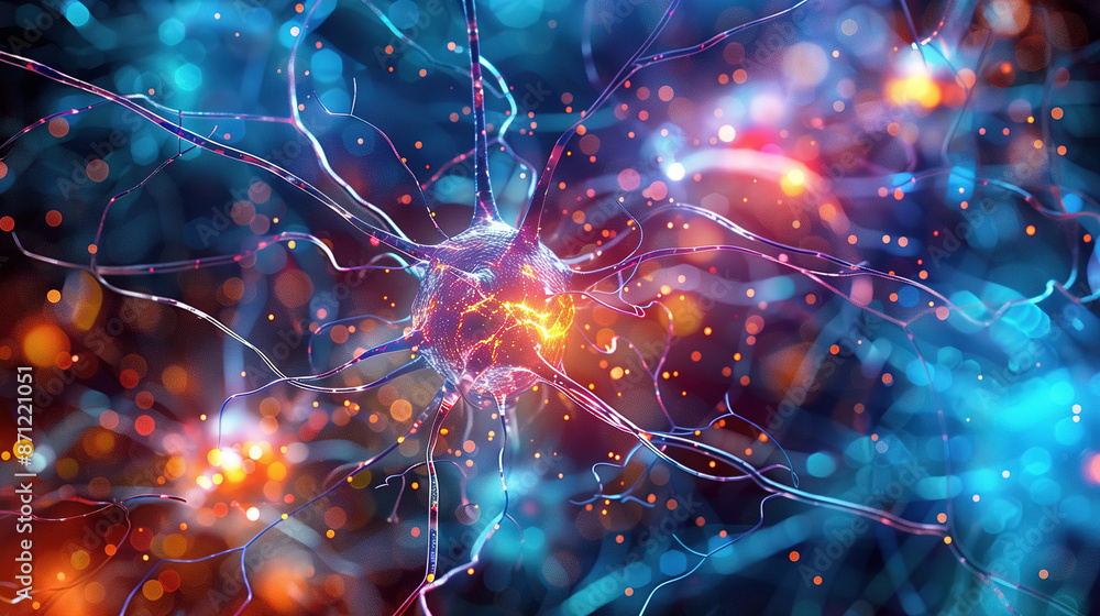 A colorful brain with many neurons and a red blob in the middle A colorful brain with many neurons and a red blob in the middle