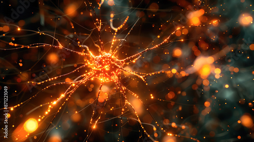A close up of a brain with many neurons and a bright orange glow. Concept of complexity and wonder © EJManzaneque