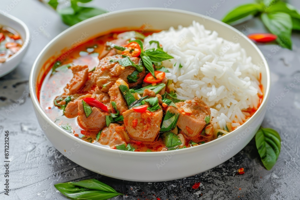 Thai pork heart curry served with white rice in a white bowl on a gray background Thai pork heart curry served with white rice in a white bowl on a gray background