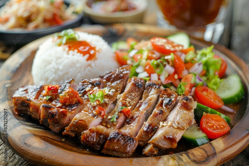 Thai style Grilled Pork jowl served with papaya salad sticky rice and spicy sauce on wooden plate accompanied by drink and appetizer on table Thai style Grilled Pork jowl served with papaya salad sticky rice and spicy sauce on wooden plate accompanied by drink and appetizer on table