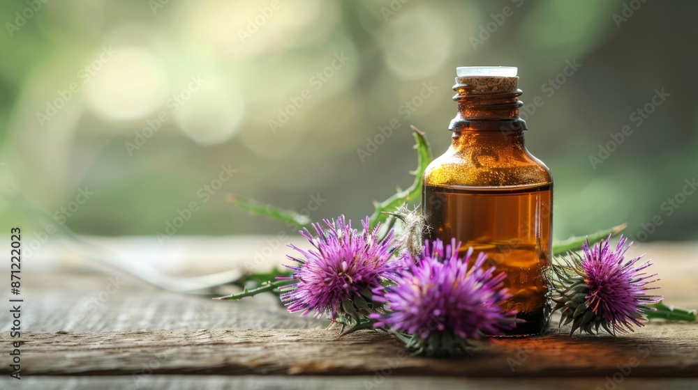 milk thistle extract bottle on wooden table as natural remedy concept background with room for text, promoting holistic health milk thistle extract bottle on wooden table as natural remedy concept background with room for text, promoting holistic health