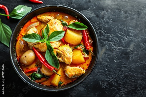 Top view of a Chicken Massaman Curry in a black bowl Thai dish with chicken potato onion and spices on a dark slate background Thai cuisine photo