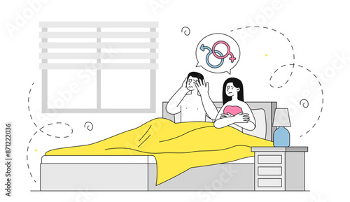 Intimate problems concept. Dissatisfied man and woman lying in bed under blanket. Married couple in crisis. Negative feelings and emotions. Linear flat vector illustration