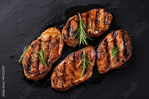 Top view of BBQ pork loin and neck steaks on black background photo