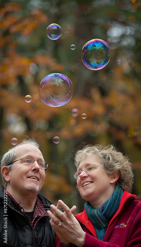 Cheerful couple delight in playful moment with colorful bubbles in sunny outdoor setting Cheerful couple delight in playful moment with colorful bubbles in sunny outdoor setting