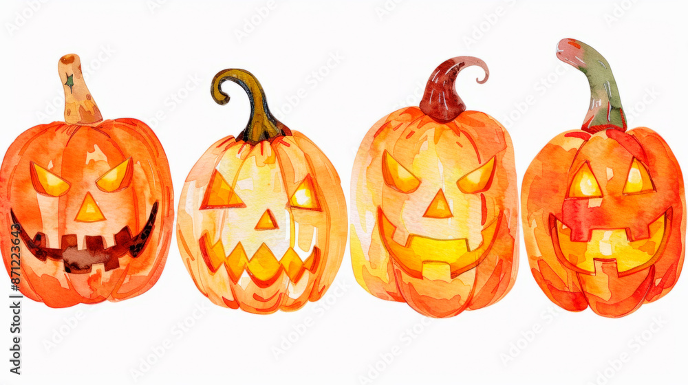 set of watercolor jack o lanterns on white background, halloween theme. set of watercolor jack o lanterns on white background, halloween theme.