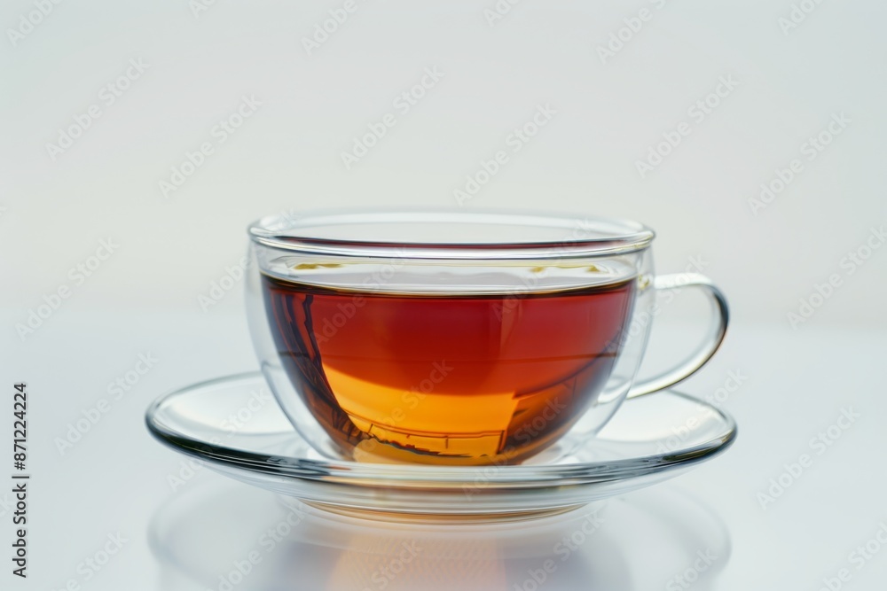 Transparent cup of black tea or rooibos tea on white background close up Background for stock photo with copy space Transparent cup of black tea or rooibos tea on white background close up Background for stock photo with copy space
