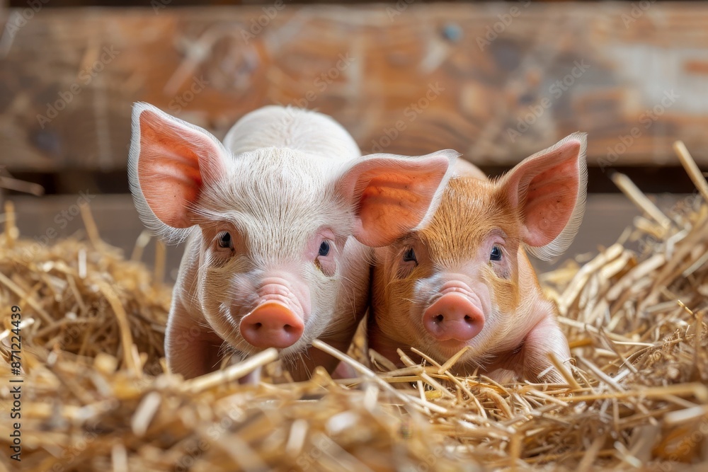 Two piglets on bedding at farm Two piglets on bedding at farm