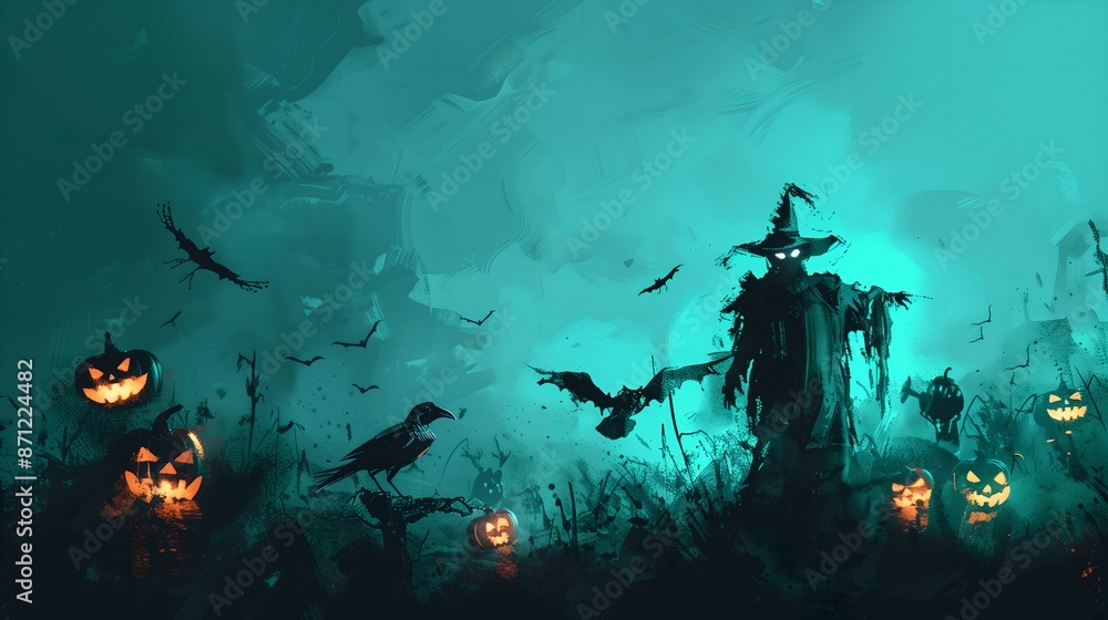 Obraz premium Halloween Cute Characters with Pumpkins, Bats, and Skeletons on Pink Background 