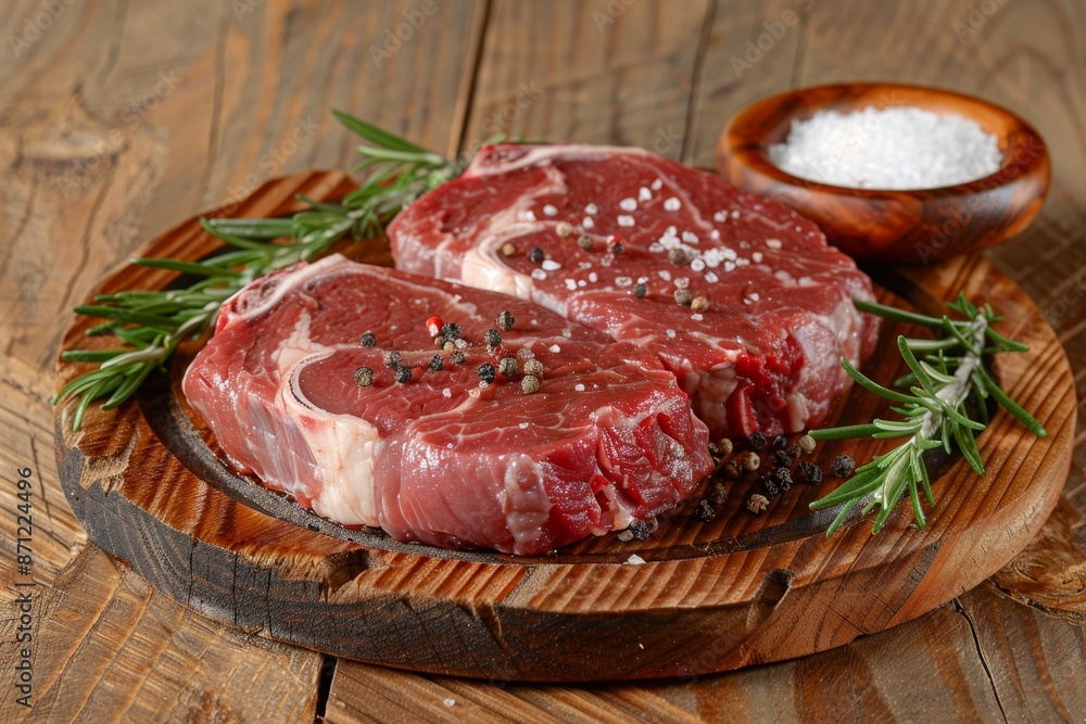 Two raw rib eye steaks on wooden board with seasonings in rustic style Two raw rib eye steaks on wooden board with seasonings in rustic style