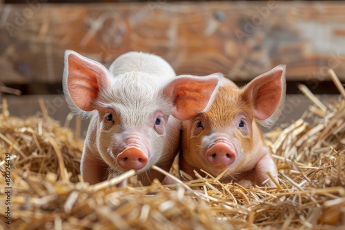 Two piglets on bedding at farm