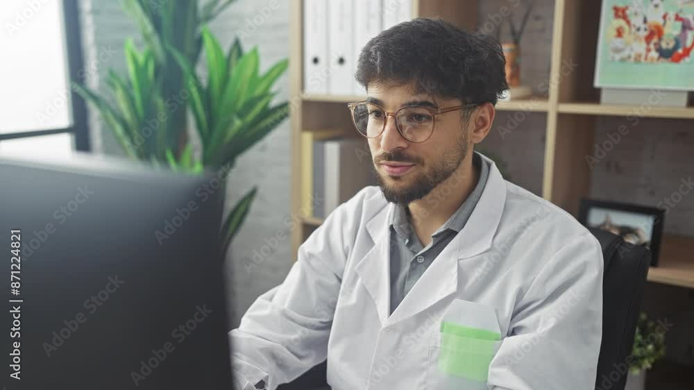 A focused man in a lab coat working at a computer in a modern office A focused man in a lab coat working at a computer in a modern office
