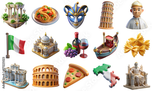 Collection of different italian symbols including pisa tower, colosseum, italian traditional food and wine