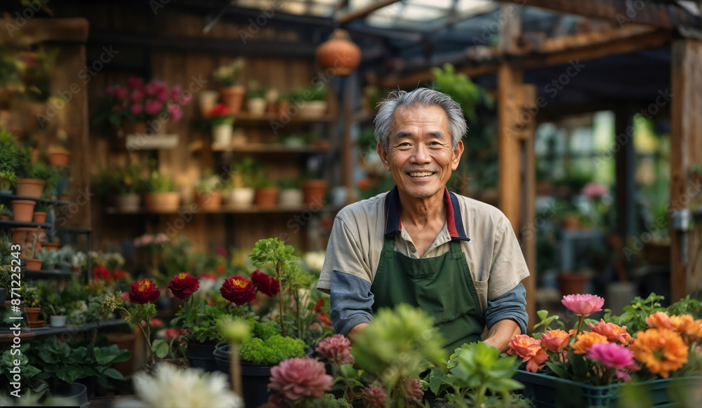 Senior adult oriental man with grey hair, florist working at plant shop, gardener owner of small business working at rustic greenhouse, successful entrepreneur smiling surrounded by flowers and plants Senior adult oriental man with grey hair, florist working at plant shop, gardener owner of small business working at rustic greenhouse, successful entrepreneur smiling surrounded by flowers and plants