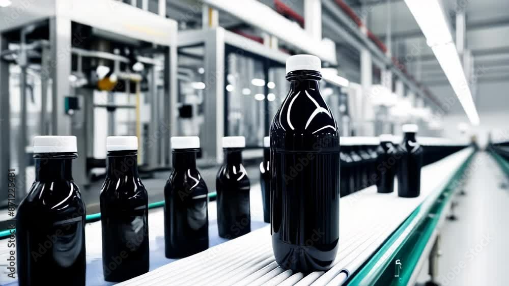 Bottling Line. Brewing technology. Bottles Moving on Conveyor Belt at Bottle Factory. bottles are moving along the conveyor Bottling Line. Brewing technology. Bottles Moving on Conveyor Belt at Bottle Factory. bottles are moving along the conveyor