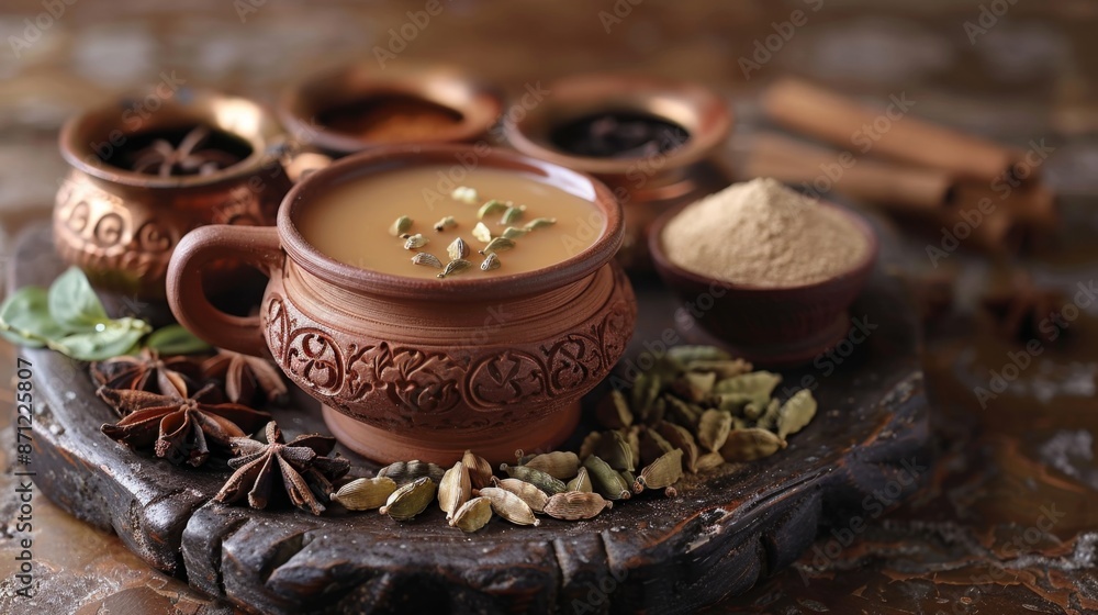 spice market, assorted aromatic spices like cardamom, cinnamon, and cloves next to a pot of brewing masala chai, a comforting indian drink that soothes the spirit spice market, assorted aromatic spices like cardamom, cinnamon, and cloves next to a pot of brewing masala chai, a comforting indian drink that soothes the spirit