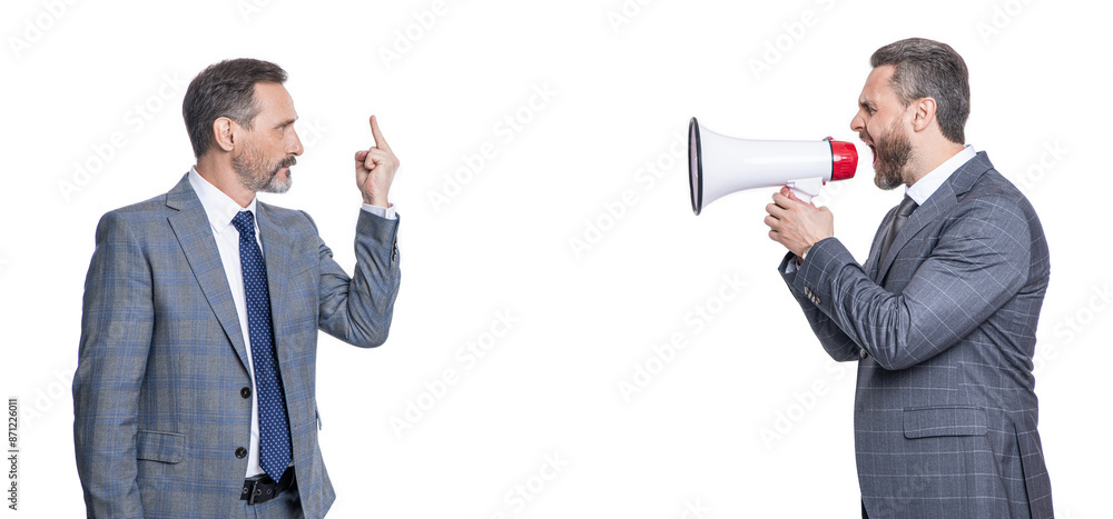 business man promoter has conflict. businessman promoting idea for business. promotion concept. business promotion ideas. businessman shouting in loudspeaker isolated on white. middle finger business man promoter has conflict. businessman promoting idea for business. promotion concept. business promotion ideas. businessman shouting in loudspeaker isolated on white. middle finger