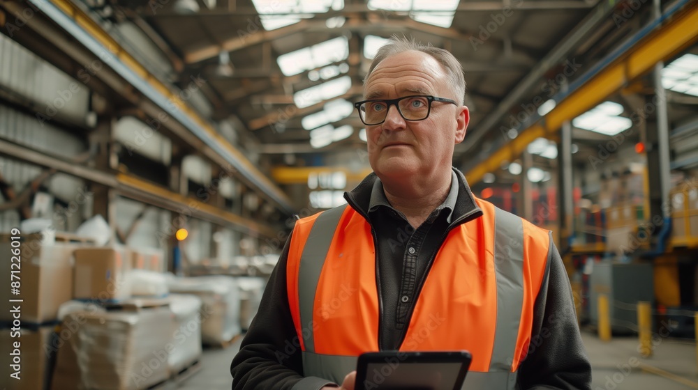 Warehouse manager in safety vest inspecting inventory with digital tablet, ensuring efficient workflow and productivity in industrial setting. Warehouse manager in safety vest inspecting inventory with digital tablet, ensuring efficient workflow and productivity in industrial setting.