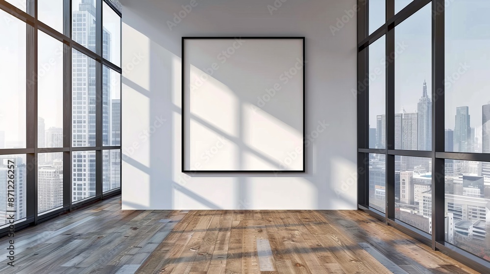 Obraz premium Sunlit modern office space with large blank canvas for artwork or branding. Minimalist open area designed for business uses and creative display.