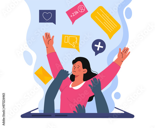 Negative in social media. Girl faces abuse on social networks. Woman suffers from cyberbullying. Depression and frustration, loneliness. Flat vector illustration