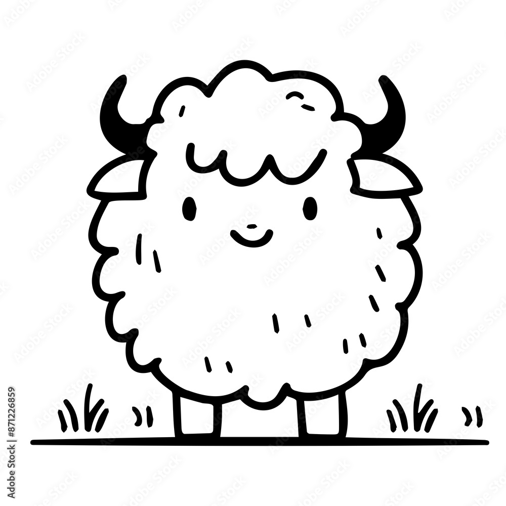 Adorable black and white cartoon illustration of a fluffy lamb, perfect for children's decor and educational materials. Adorable black and white cartoon illustration of a fluffy lamb, perfect for children's decor and educational materials.