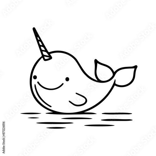 Adorable black and white illustration of a narwhal, perfect for children's designs and educational materials.