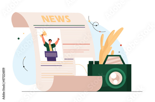 News article concept. Camera near paper sheet. Information and knowledge. Mass media and journalism. Journal and gazette, presentation. Flat vector illustration