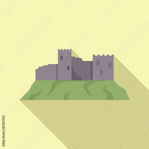 Simple illustration of a medieval stone castle standing on a green hill with a long shadow