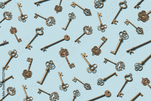 Seamless pattern of old fashioned keys isolated in studio