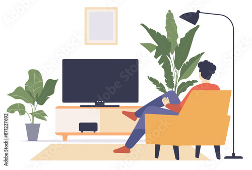 Man sitting in an armchair, watching TV in a cozy living room with indoor plants and modern decor.