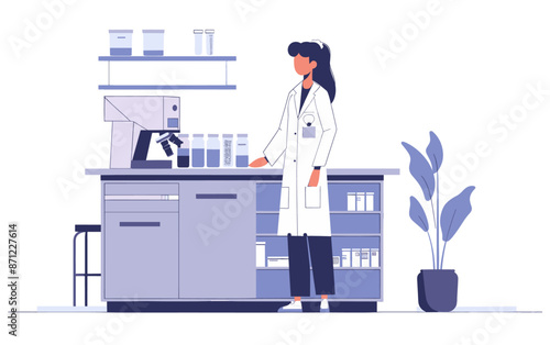 Female scientist in a white coat conducting experiments in a modern laboratory with advanced equipment