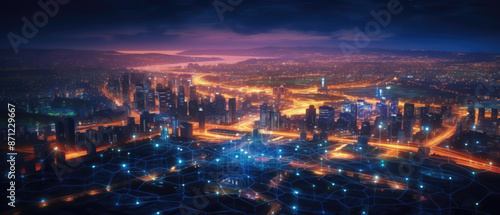 wide view of city at night with traffic lights