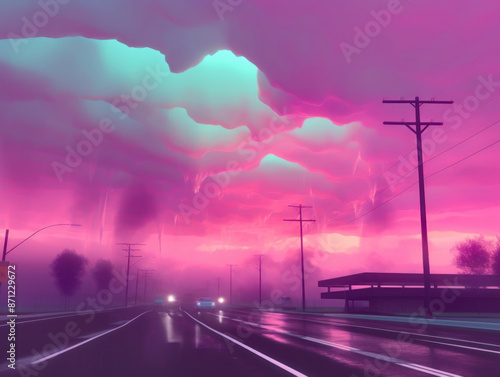 abstract pink and purple sunset over city road with powerlines during storm