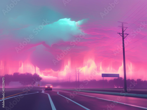abstract pink and purple sunset over city road with powerlines during storm