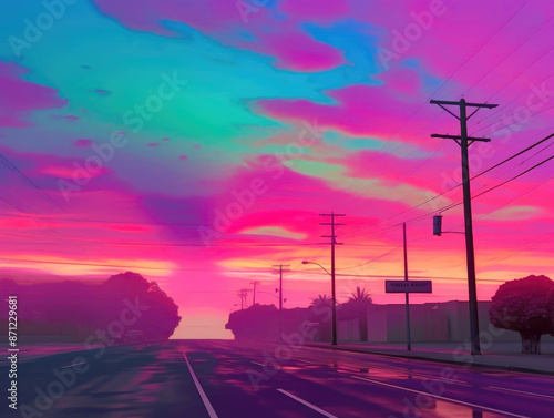 abstract pink and purple sunset over city road with powerlines