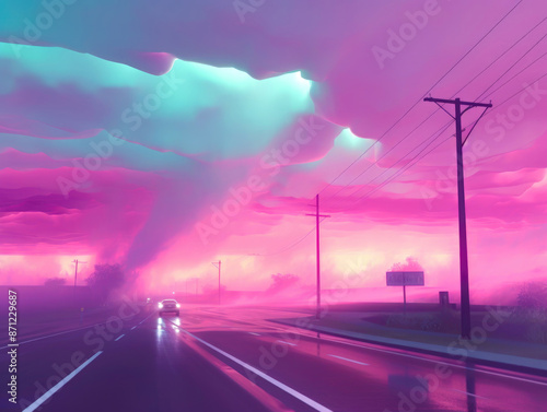 abstract pink and purple sunset over city road with powerlines during storm
